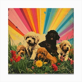 Rainbow Puppies In The Meadow Sunny Collage Canvas Print