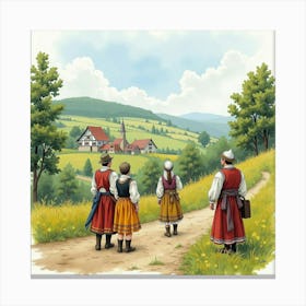 English Landscape With Romanian Folk In Traditional Attire, Watercolor Style 1 Canvas Print