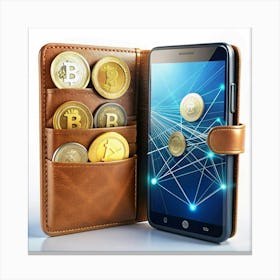 A smartphone with a leather case represents a cryptocurrency wallet. Canvas Print