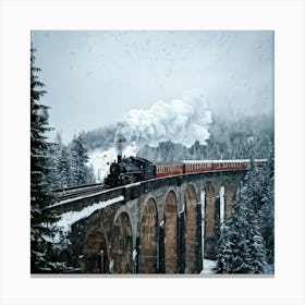 Steam Train Traversing A Snowy Viaduct Enveloped By A Wintery Landscape Styled As A Vintage Travel Canvas Print