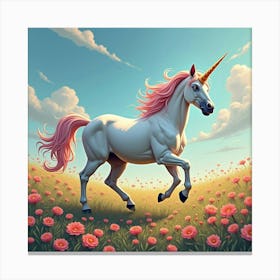 A Majestic Unicorn Galloping Through A Field Of Magical Flowers 1 Canvas Print