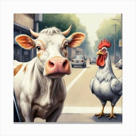 Cow And Chicken On The Street Canvas Print