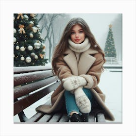 Girl In Winter Coat Sitting On Bench Canvas Print