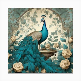 Turquoise Peacock Vintage Wallpaper With Leaves Art Print 3 Canvas Print