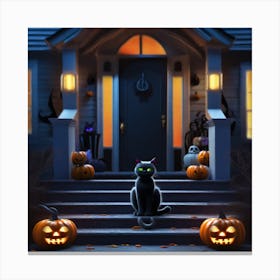 Halloween Cat In Front Of House 2 Canvas Print