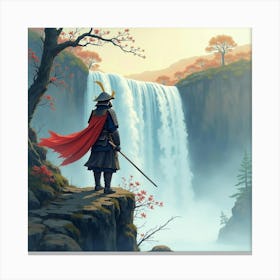 Samurai In Golden Armor At The Top Of A Waterfall, Watercolor Design 1 Canvas Print