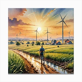 Water Colored Painting Of Landscape Farming Farmer Sun Rising Wind Turbine 2d Art Water Color Spray Canvas Print