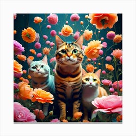 Cats With Flower Background 1 Canvas Print