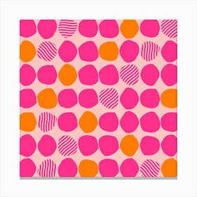 Bright Pink And Orange Polka Dot Pattern On Light Pink Background Square Canvas Print