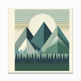 Title: "Zenith Over Geometry: A Modernist Landscape"  Description: "Zenith Over Geometry: A Modernist Landscape" depicts the tranquil harmony of a stylized sun at its zenith above a range of angular mountains. This piece features a blend of cool and warm neutral tones, with layered shapes creating a sense of depth and perspective. The geometric form of the mountains contrasts with the soft roundness of the sun and the delicate pine forest at their base. Horizontal lines in the sky lend a retro-modernist feel to the composition, while the dotted texture of the sun adds a tactile element. Set against a vintage cream background, the artwork is a nod to both the simplicity of nature and the sophistication of minimalist design, ideal for spaces that celebrate calmness and thoughtful composition. Canvas Print