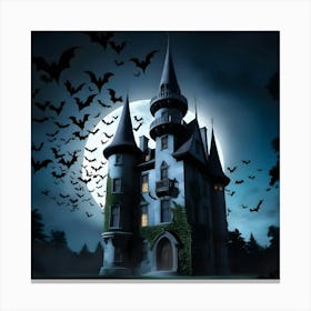 A Foreboding American Gothic Style Castle Stands Tall Amidst An Eerie, Moonless Night, Its Turrets And Spires Silhouetted Against A Dark, Gradient Blue Sky, With A Flurry Of Bats Taking Flight Around The Structure (2) Canvas Print