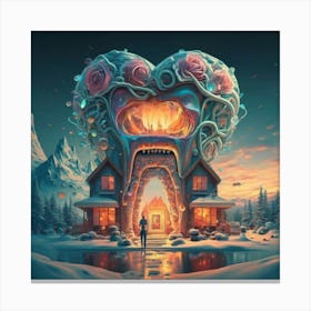 , a house in the shape of giant teeth made of crystal with neon lights and various flowers 10 Canvas Print