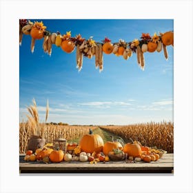 Autumnal Harvest Scene Capturing A Gourd Squash And Pumpkin Amongst A Field Of Corn Under A Cornfl Canvas Print