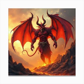 Demon In Fiery Volcanic Realm, Watercolor, Intense And Colorful 1 Canvas Print