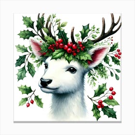 Festive White Reindeer with Holly and Berries Digital Art Canvas Print