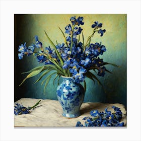 Blue Irises In A Vase Canvas Print