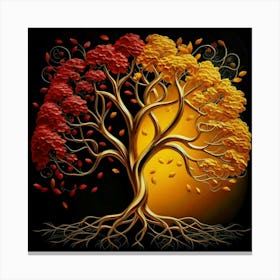 Template: Half red and half black, solid color gradient tree with golden leaves and twisted and intertwined branches 3D oil painting 12 Canvas Print