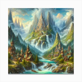 Fantasy Inspired Acrylic Painting Of A Whimsical Village Nestled Among Towering Mountains And Cascading Waterfalls, Style Fantasy Art 2 Canvas Print