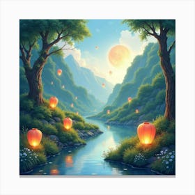 Watercolor Enchanted Valley With Floating Lanterns 1 Canvas Print