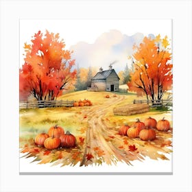 Farmhouse And  Pumpkin Patch In Watercolour Canvas Print