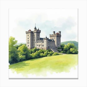 Watercolor Painting Of The Penrhyn Castle In Wales, Capturing Its Dramatic Design And Scenic Landscape Canvas Print