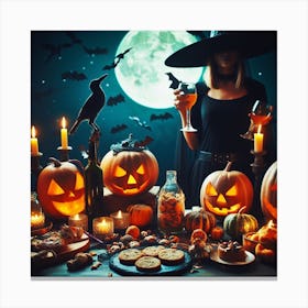 Halloween Witch With Pumpkins Canvas Print