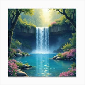 Celestial Waterfall Over An Enchanted Pond, Watercolor 1 Canvas Print