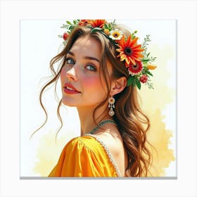 Beautiful Greek Woman In Watercolor, With The Vibrant Colors Of A Summer Festival 1 Canvas Print