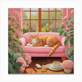 Default Napping Ginger Cat In Pink Garden Room Art 3 Canvas Print