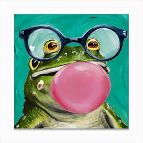 Frog With Big Bubblegum And Glasses Animal Art 2 Canvas Print