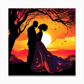 Silhouette Of Bride And Groom At Sunset Canvas Print