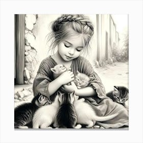 Little Girl With Kittens Canvas Print