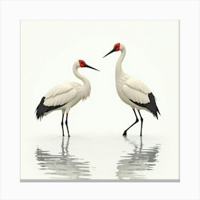 Watercolor Cranes Standing In Shallow Water, Their Reflections Blending Softly 1 Canvas Print