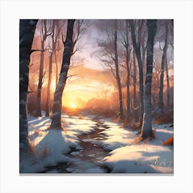 Winter Sunset across the Icy Woodland Stream Canvas Print