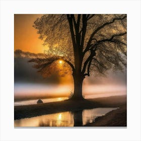 Tree on water with sunset Canvas Print