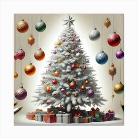 A Pencil Drawing Of A White Christmas Tree With Different Colorful Ornaments Decorated With Canvas Print