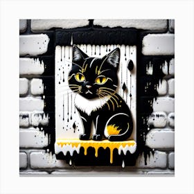 3D, Black Cat On A Brick Wall Canvas Print