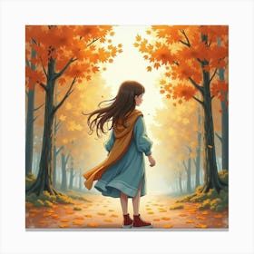 Beautiful Lady In Watercolor Attire, Scenic Autumn Forest 1 Canvas Print