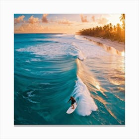 Aerial Photography Capturing A Surfer Amidst Azure Waves Tropical Beach In The Background Palm Tre (4) Canvas Print