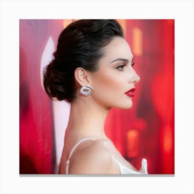 Woman With Brown Eyes And Red Lips In Profile Embodies Elegance Foreground Focus Rosy Hued Backdr Canvas Print