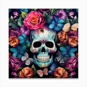 Sugar Skull With Flowers Canvas Print