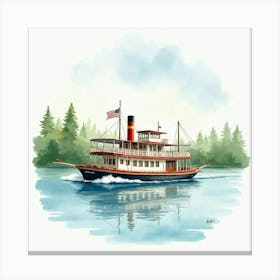 Classic Paddle Steamer On A Watercolor Lake 1 Canvas Print