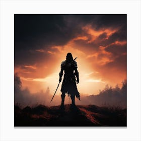 Elder Scrolls, A Silhouette Of A Warrior Standing Tall On A Battlefield With A Serene Background Signifying Inner Canvas Print