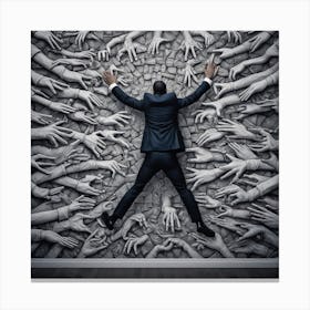 Businessman Jumping Into A Wall Of Hands Canvas Print