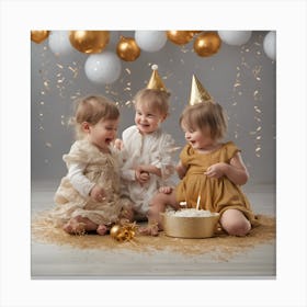 0 Children Celebrate New Year With The New Baby Canvas Print