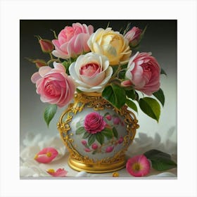 Antique fuchsia jar filled with purple roses, willow and camellia flowers 8 Canvas Print