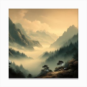 "A serene and misty mountain landscape."Wall poster4 Canvas Print