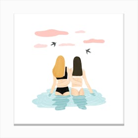 Two Girls In The Sea Square Canvas Print