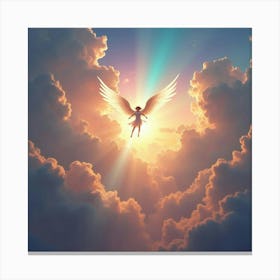 Angel Flying Through Radiant Clouds, Glowing Rainbow Sky 1 Canvas Print