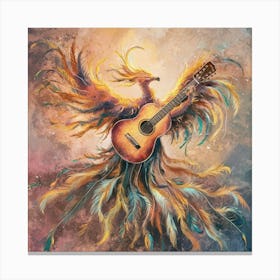 Phoenix Guitar awater color paint An exquisite, abstract rendition of soulful strumming, where the guitar is metaphorically replaced by a soaring, ethereal phoenix. The bird's vibrant feathers cascade like strings, emanating a warm, golden glow. As it strums its own divine melody, the phoenix embodies the spiritual essence of music, transcending physicality and resonating with the deepest chords of the soul. The background is a harmonious blend of dreamy, impressionistic hues, evoking a sense of transcendence and boundless creativity. Canvas Print